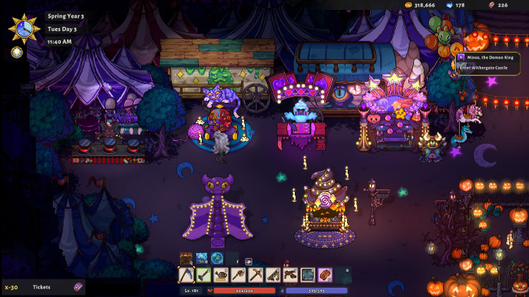 Screenshot from Sun Haven - Withergate carnival. It's dark out, but carnival game booths are lit up. They all look very Halloween-y and monster-y.