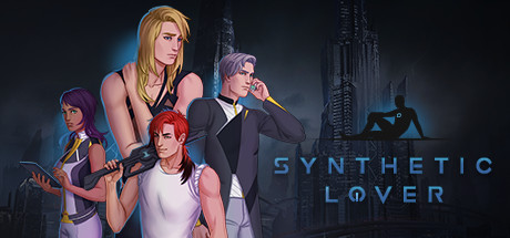 Synthetic Lover promo image showing a long-haired blonde man, a perfectly dressed and coiffed grey-haired man on a phone, a man with long red hair with black tips holding a large gun, and a woman with purple hair holding a tablet.