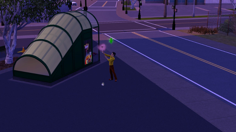 Zoomed out screenshot showing the magician is completely alone next to a street and a subway entrance, literally not another sim within sight.
