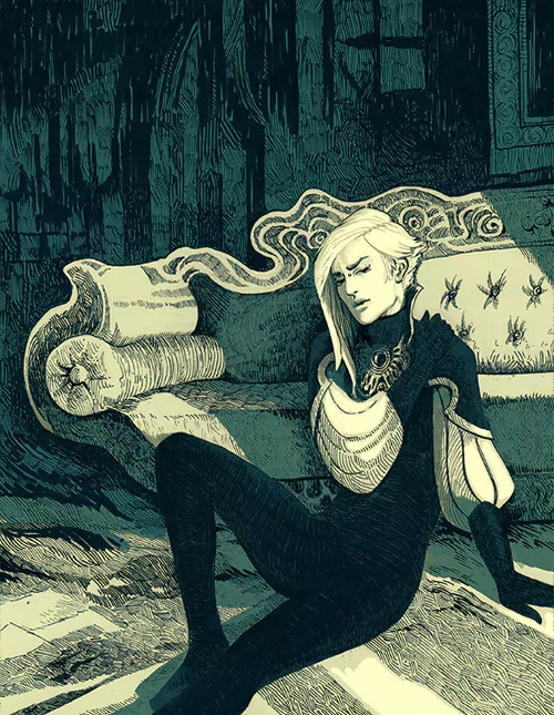 Screenshot from Chronicles of Tal'Dun: The Remainder - Ink drawing of a beautiful androgynous person, Ilar, sitting on the ground against a boudoir-esque couch. They have asymmetric white hair, short on one side, the top and other side swooped over and past the shoulder in the front with a sharp angle shorter as it goes back. Tight black clothes cover them from jaw to toes with puffy light colored sleeves around the upper arms, the tight black fabric covering forearms and hands. There's a design or medallion of some sort around their neck. Art style is pen and ink with lots of lines. Colors are black, yellowish white, and muted teal.