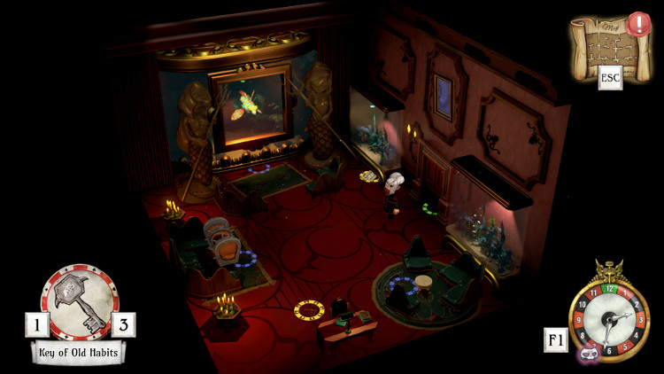Screenshot from The Sexy Brutale showing a small but ornate room, one wall is an aquarium holding a colorful fish as big as the character