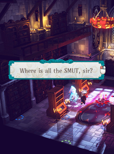Screenshot from The Sexy Brutale showing a ghost saying, 'Where is all the smut, sir?'