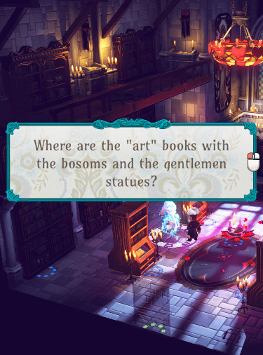 Screenshot from The Sexy Brutale showing a ghost saying, 'Where are all the art books with the bosoms and the gentleman statues?'