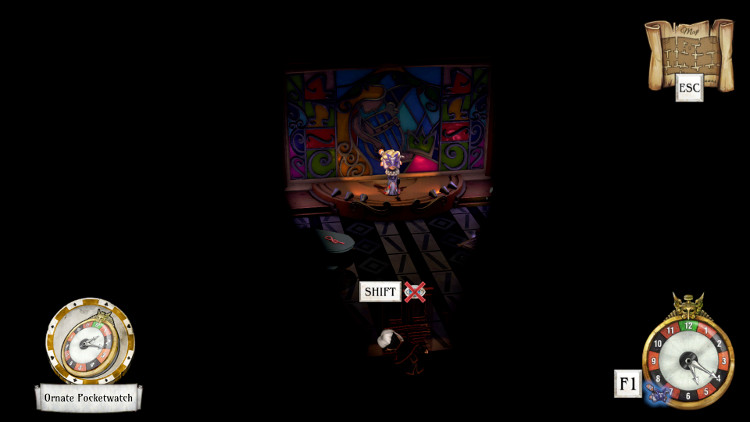 Screenshot from The Sexy Brutale showing the player character peeking through a keyhole in a door to look at a beautiful masked woman on a stage in front of a large stained glass window
