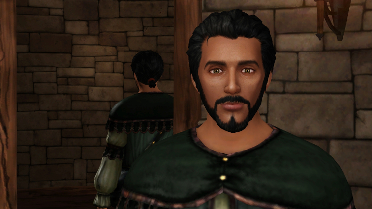 close up showing the realistic skin texture on a male sim with medium brown skin, black hair in a ponytail at his neck, and a neat black mustache and beard.