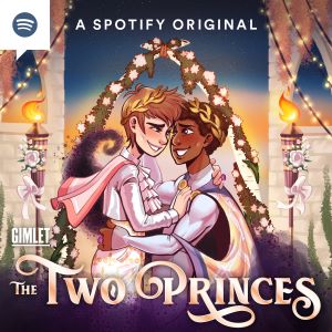 The Two Princes Promo Image - Two young men under a wedding arch, smiling at each other.