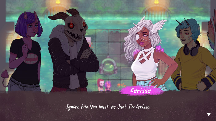 The World Next Door screenshot showing four characters. A demon girl with pink skin, small horns and purple hair. A Black girl with long white hair, wings in her hair, and an eye patch. A white boy with blue hair, colorful scales on his face, and a colorful feathered tail. A boy with an animal skull for a head with glowing red eyes.