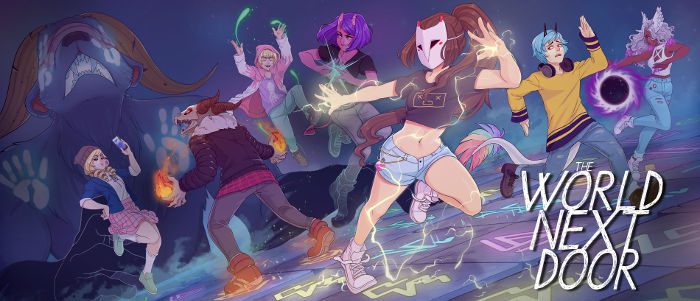 The World Next Door by Rose City Games - promo image showing a human in a mask and a bunch of supernatural using magic to fight