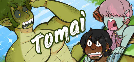 Tomai promo image. The three main characters messing around, one is human, one is a crocodile person, one is a squid person.