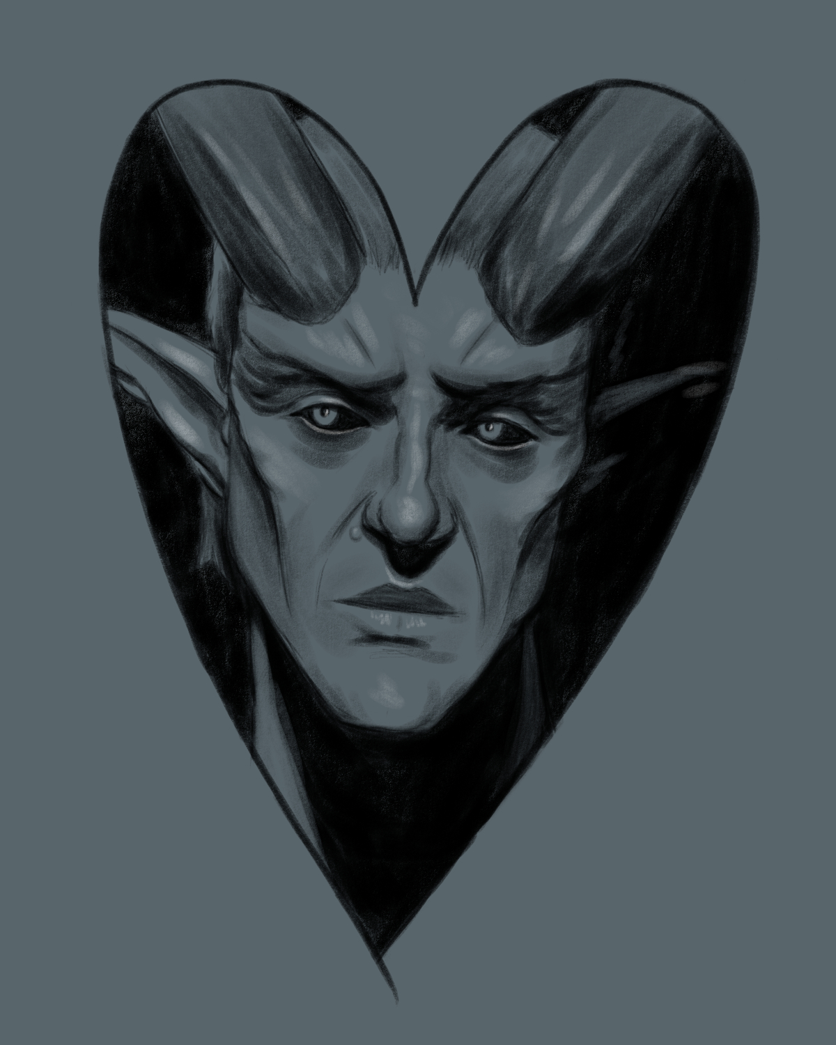 Digital sketch that looks like pencil or charcoal, with dramatic lighting and lots of dark shadow, of Zevlor from BG3 looking sad with furrowed brow. He's an attractive older tiefling with a very angular face, square chin, prominent cheekbones with bumped ridges on them, a big nose, a small skin bump next to his nose, plump lips with a little divot in the bottom one, prominent brow ridge, some winkles next to his eyes and around his mouth, black sclera eyes with lighter irises, horns, and pointy ears.