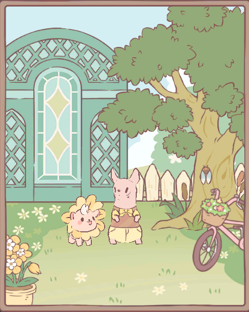 Cats and Soup screenshot of cute little art of a hairless sphinx cat wearing yellow pants, brown shirt, and yellow bowtie in a garden with a little animal that has petals around its face like a mane.