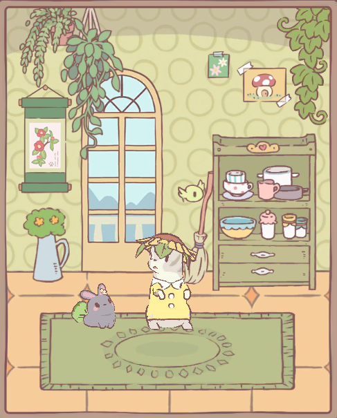 Cats & Soup screenshot of a gray cat in a yellow dress and sunflower hat with a little grey bunny friend in a quaint kitchen with a green pantry and green rug and some plants.