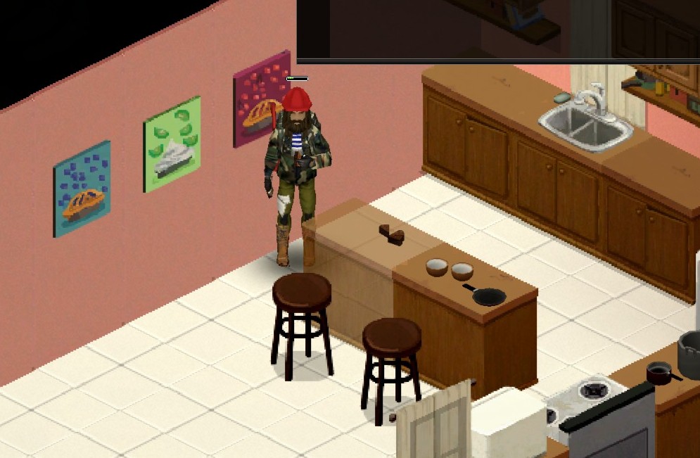Project Zomboid screenshot of Collin, a long haired, bearded man in firefighter pants, a camo jacket, a red hardhat, and a blue and white striped scarf, eating a piece of chocolate cake in his kitchen, the other slices on the island counter. The wall behind him is pink and there are paintings of pie on it.