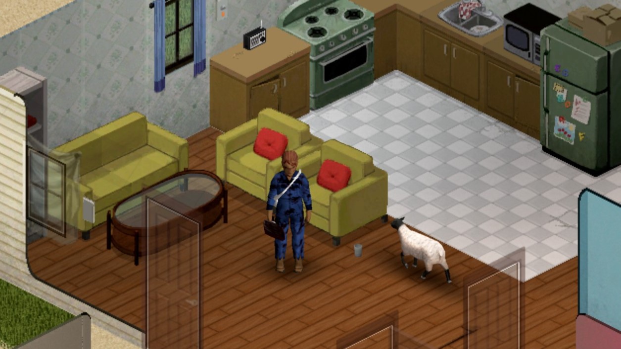 Project Zomboid screenshot of a sheep and a dirty, bloody man in mechanics coveralls in a small house. Simplistic, low poly graphics.